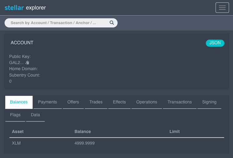 A new account with a little less than 5000 XLM on Stellar Explorer