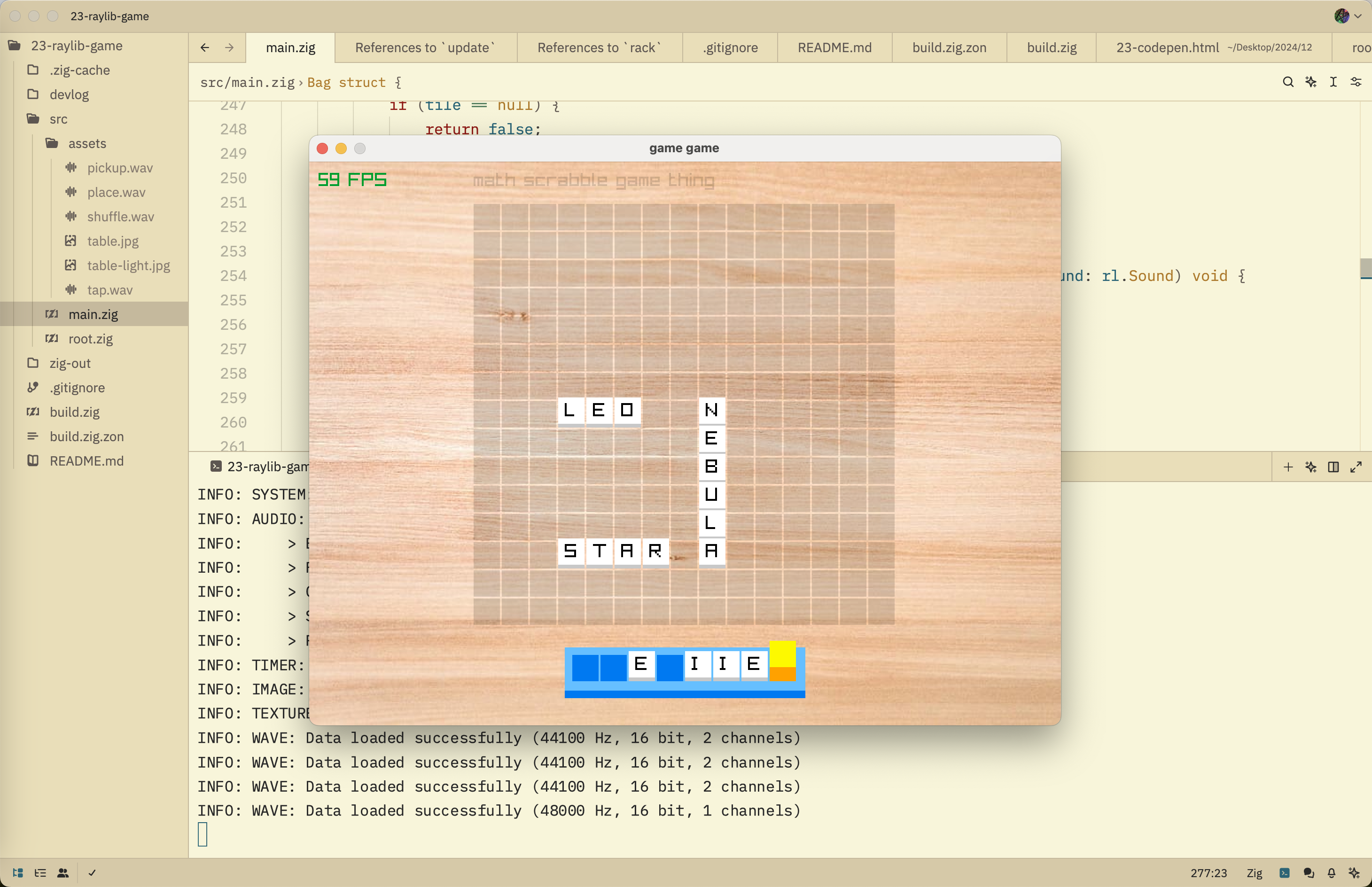 Screenshot of a scrabble board in a window on top of a Zed editor.